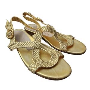 Stuart Weitzman Theodora Metallic Gold Leather Sandals Size 7.5